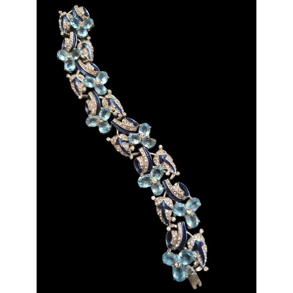 Vintage 1930s Rhodium-Plated Blue Enamel Trillium Bracelet Attributed to Mazer - Picture 1 of 13